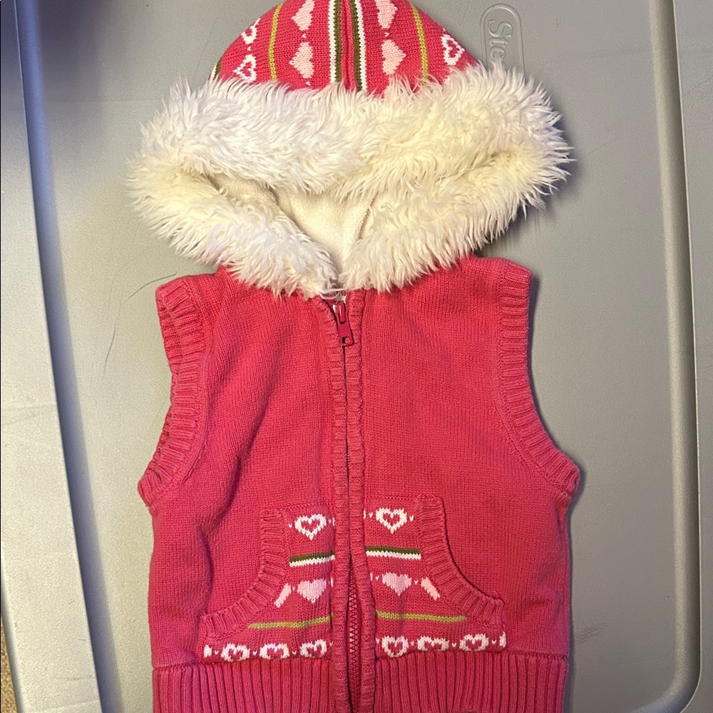 Gymboree Pink Hooded Vest with White Fur Trim